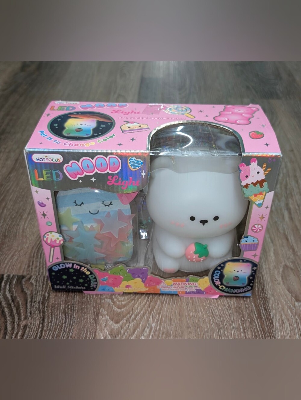 Hot Focus Sugar Crush LED Mood Light Bear Tap Lamp NIB Sealed Glow Dark Stickers